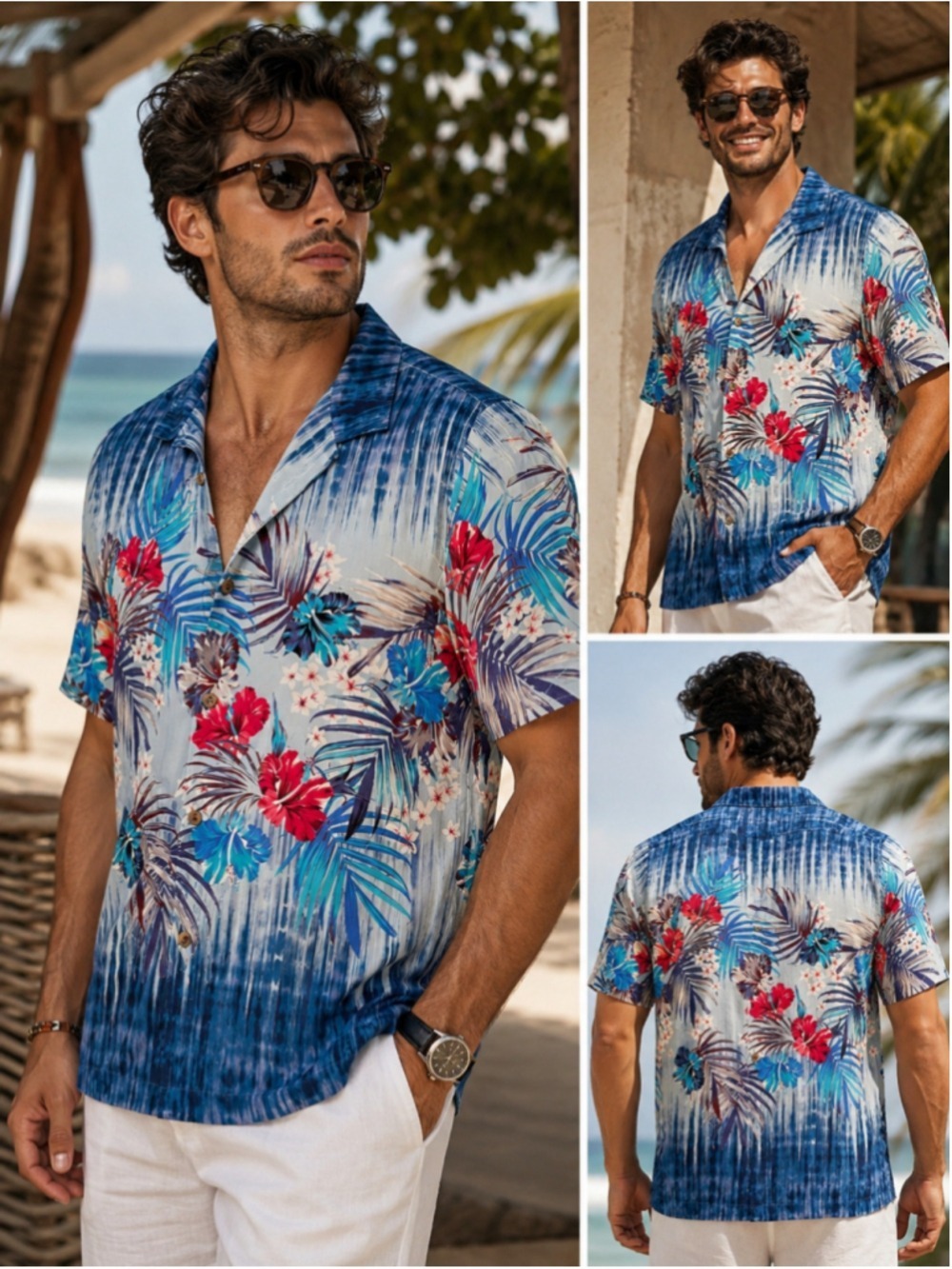Tommy Bahama 100% Silk Hawaiian Camp Shirt Tropical Floral Blue Men's Large